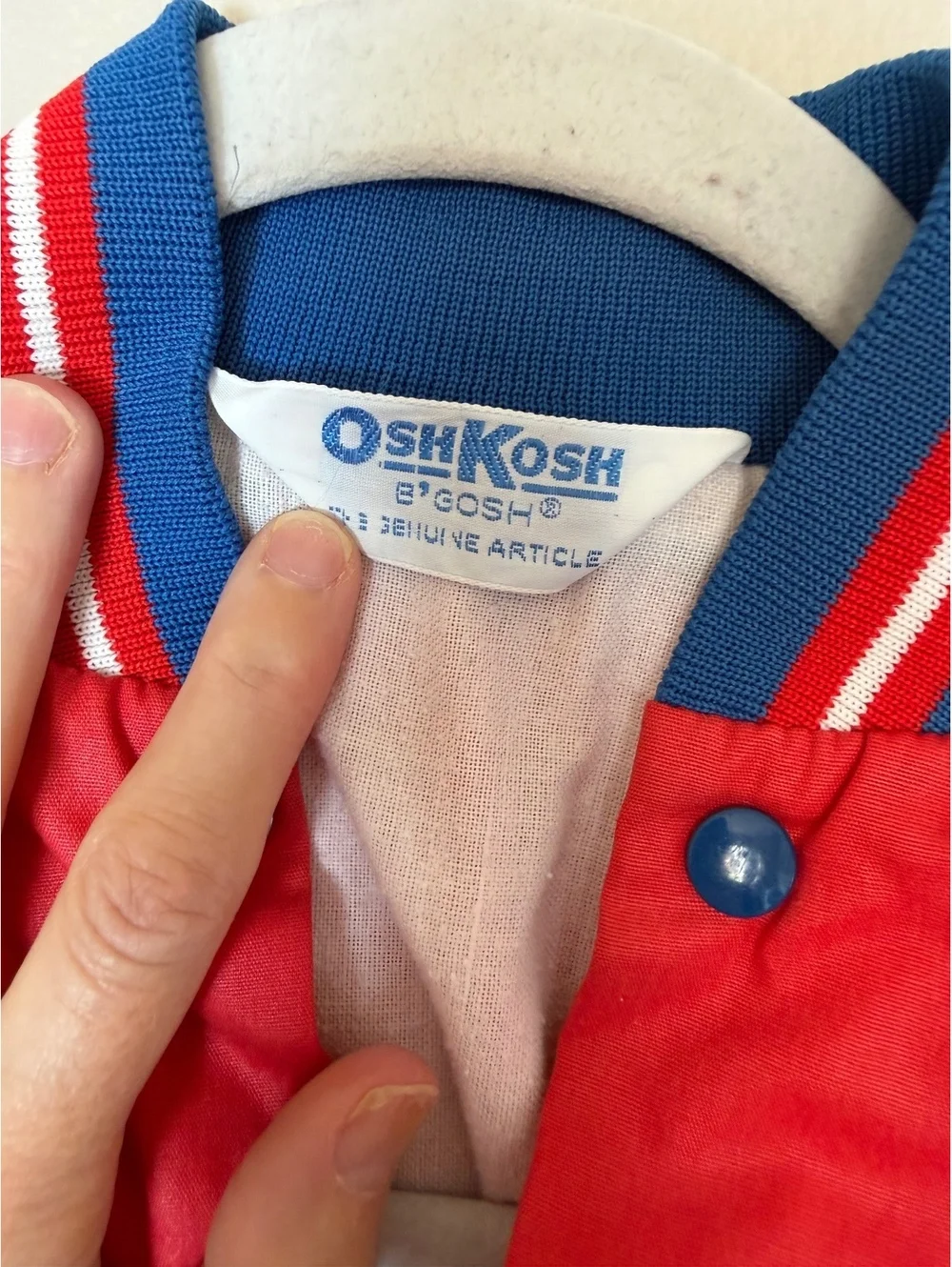 Vintage OshKosh B'Gosh Red and Blue Kids' Bomber Jacket w/ Striped Ribbed Trim